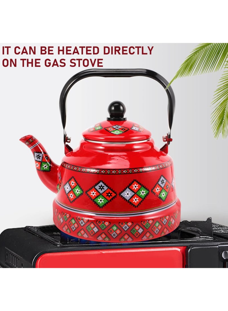 Vintage Enamel Teapot Stainless Steel Tea Kettle Camping Coffee Kettle Floral Hot Water Boiler Pot for Home Kitchen Red 2.5L - Image 5